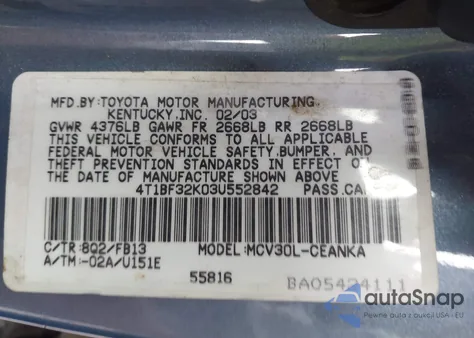 2003 Toyota Camry Le V6 from USA, damaged, VIN 4T1BF32K03U552842